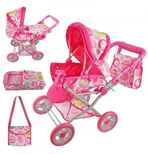 Baby Doll Stroller Set With 2 Free Doll Carriage Bags Fits Dolls Up To 18 Inches - The First Foldable Baby Pram Toy With Adjustable Handle And Canopy - Girls Birthday Gift